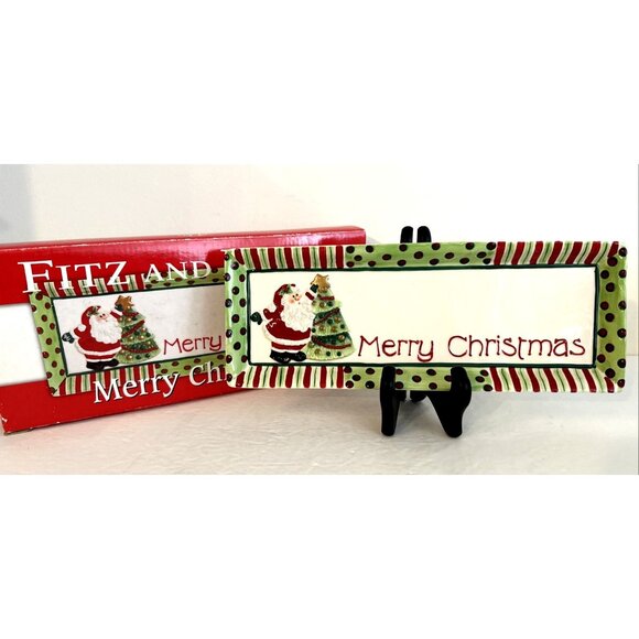 Fitz  and Floyd Merry Christmas Serving Tray 12" x 4.5" Hand Painted New In Box - Picture 1 of 5